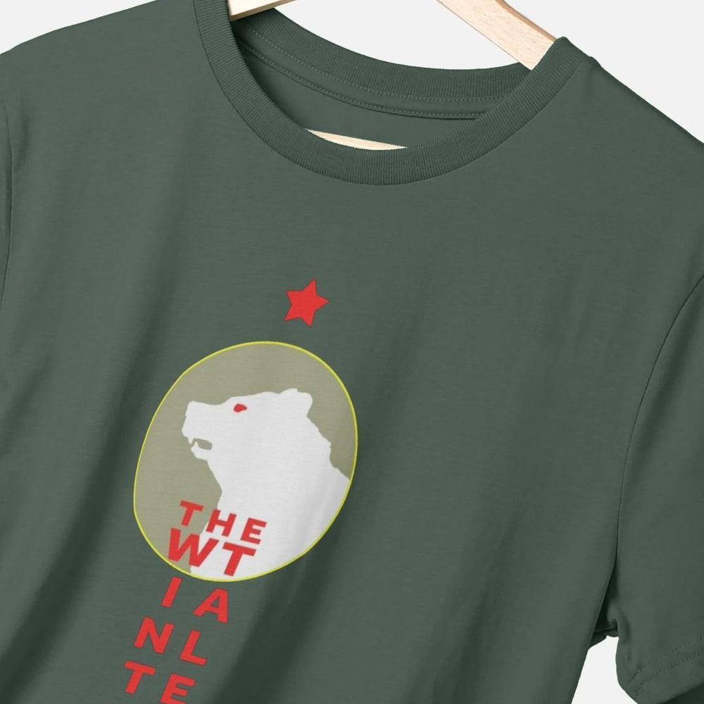 
                  
                    dark grey round neck t-shirt with a print of a white bear inside a circle with red blocky text underneath.
                  
                