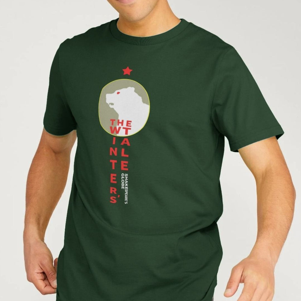 dark green round neck t-shirt with a print of a white bear inside a circle with red blocky text underneath.