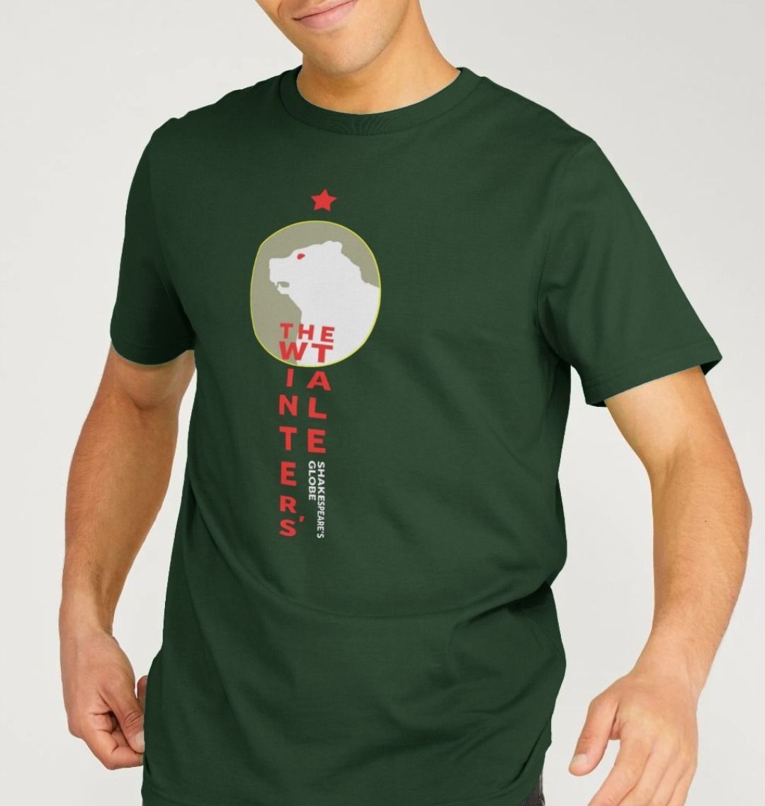 dark green round neck t-shirt with a print of a white bear inside a circle with red blocky text underneath.