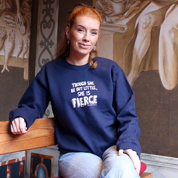 Navy blue cotton blend sweatshirt with white text quote in centre front.
