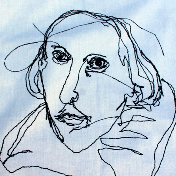  a line drawing print portrait of William Shakespeare on a white background
