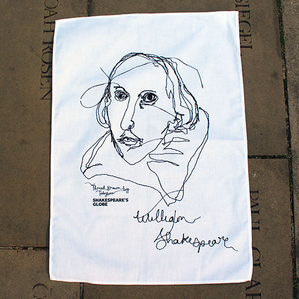 white tea towel with a line drawing print portrait of William Shakespeare