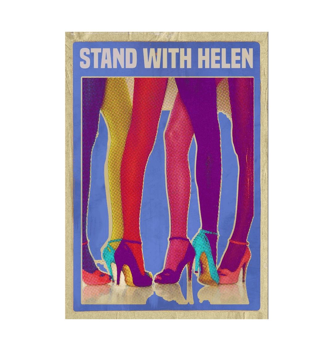 Colorful legs in high heels with 'Stand With Helen' text on a blue background