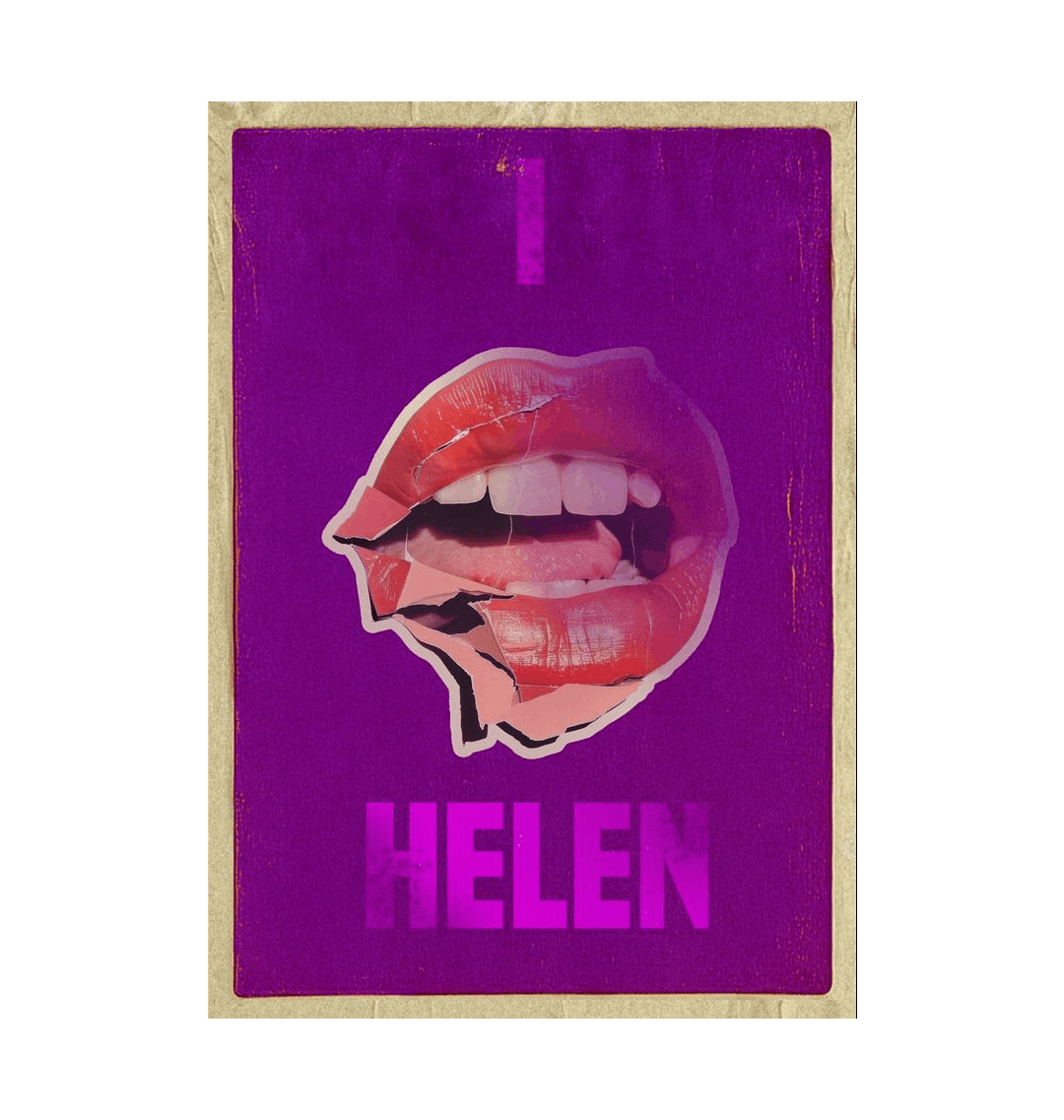 Purple art print with a graphic of lips and the name 'Helen' on a white background