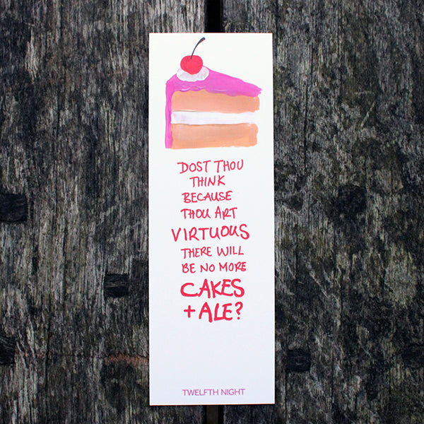 White rectangle bookmark with red graphic text and image of beige cake with pink frosting and red cherry on top