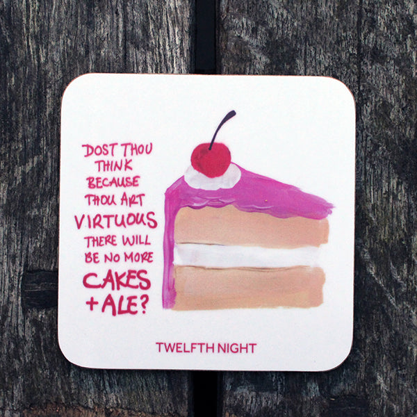 White square coaster with rounded corners, image of beige cake with pink frosting and red cherry on top, pink graphic text down the left side