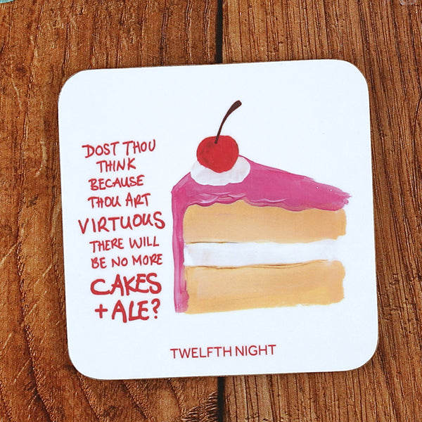 
                  
                    White square coaster with rounded corners, image of beige cake with pink frosting and red cherry on top, pink graphic text down the left side
                  
                