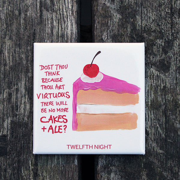 
                  
                    White square magnet with red graphic writing and painted image of beige cake with pink icing and big red cherry on top
                  
                