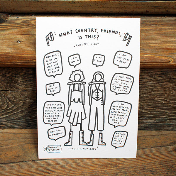 white card printed with a black pen illustration