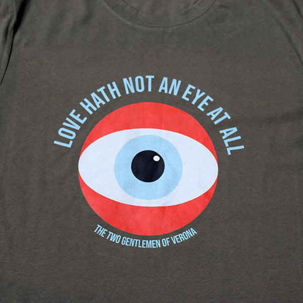 Olive green unisex t-shirt with red single eye in the centre, with blue text and eye colour
