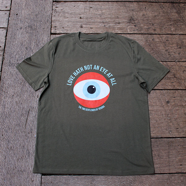 Olive green unisex t-shirt with red single eye in the centre, with blue text and eye colour