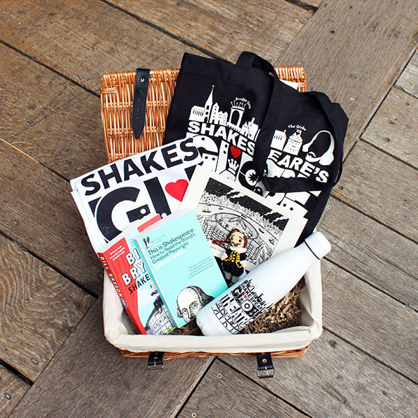 wicker hamper containing a selection of Shakespeare themed gifts