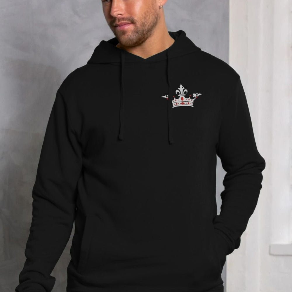 Black hoodie with red and white upper left chest graphic crown design, white with red accents