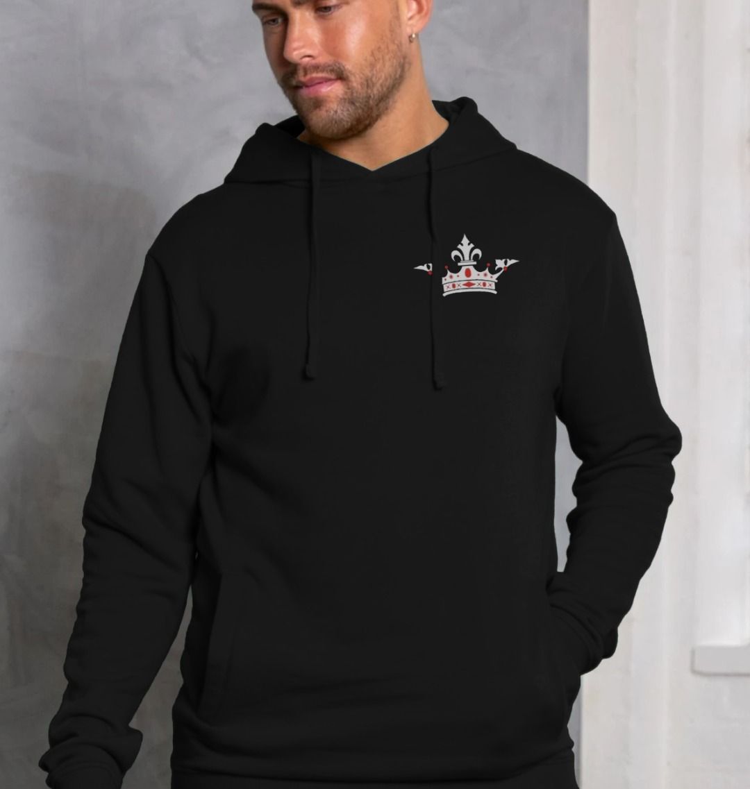 Black hoodie with red and white upper left chest graphic crown design, white with red accents