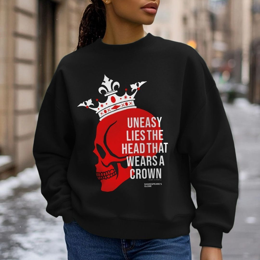 Black sweatshirt with red and white centre front print featuring a red skull wearing a white crown, overlayed with white text