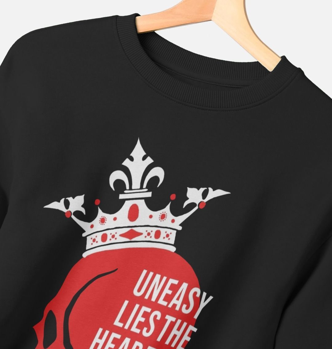 Black sweatshirt with red and white centre front print featuring a red skull wearing a white crown, overlayed with white text