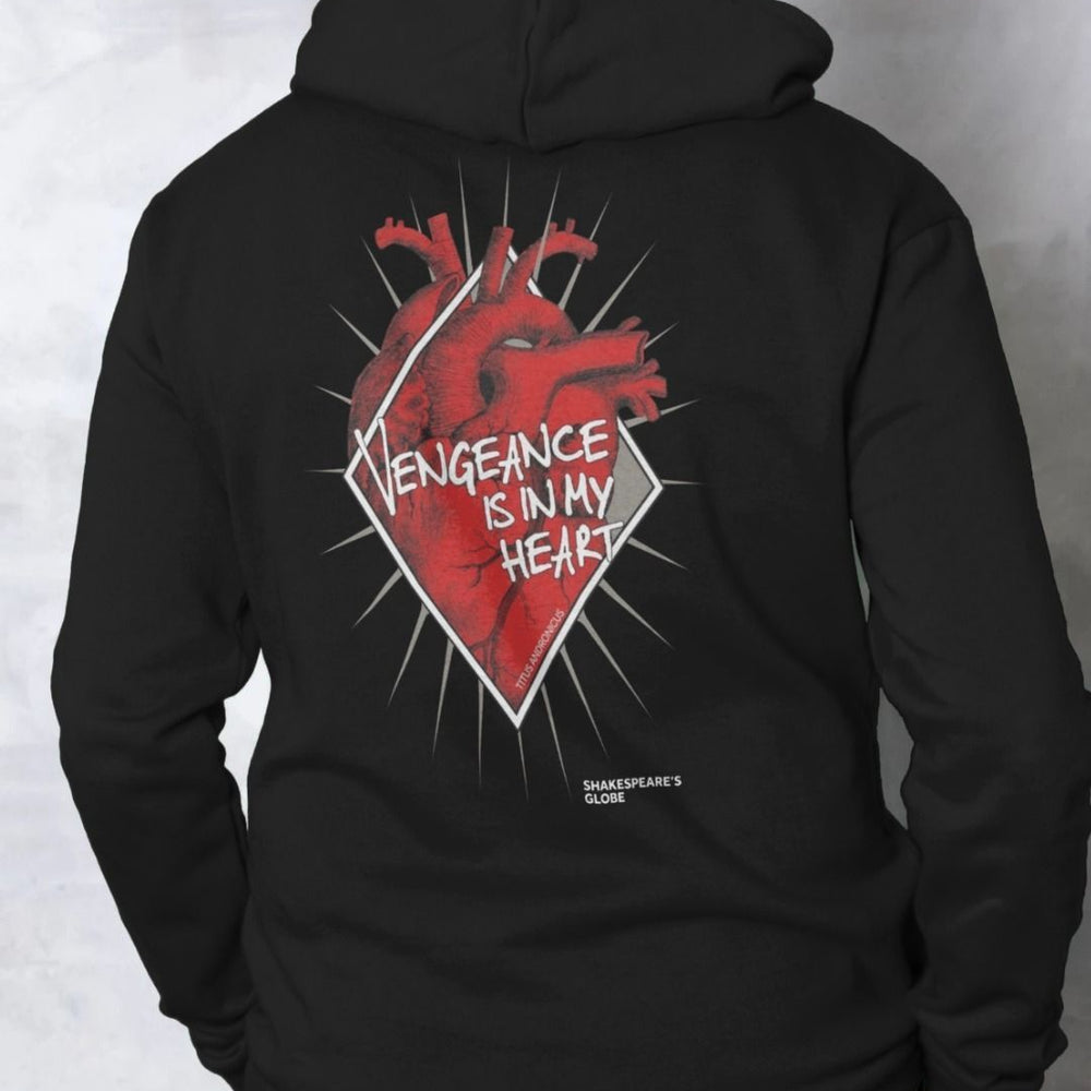 Black hoodie back with red anatomical heart graphic on centre, covered in white text