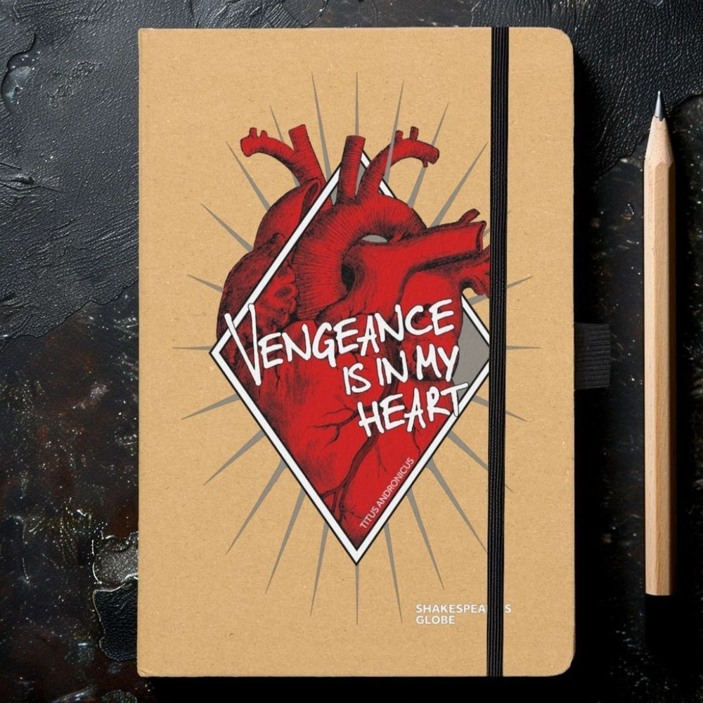 Kraft notebook with red anatomical heart graphic on front, covered in white text, black elastic closure on the side