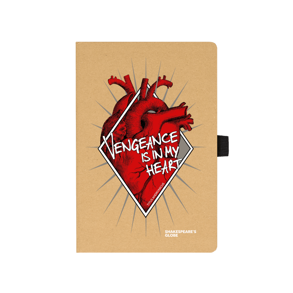 Kraft notebook with red anatomical heart graphic on front, covered in white text, black elastic closure on the side