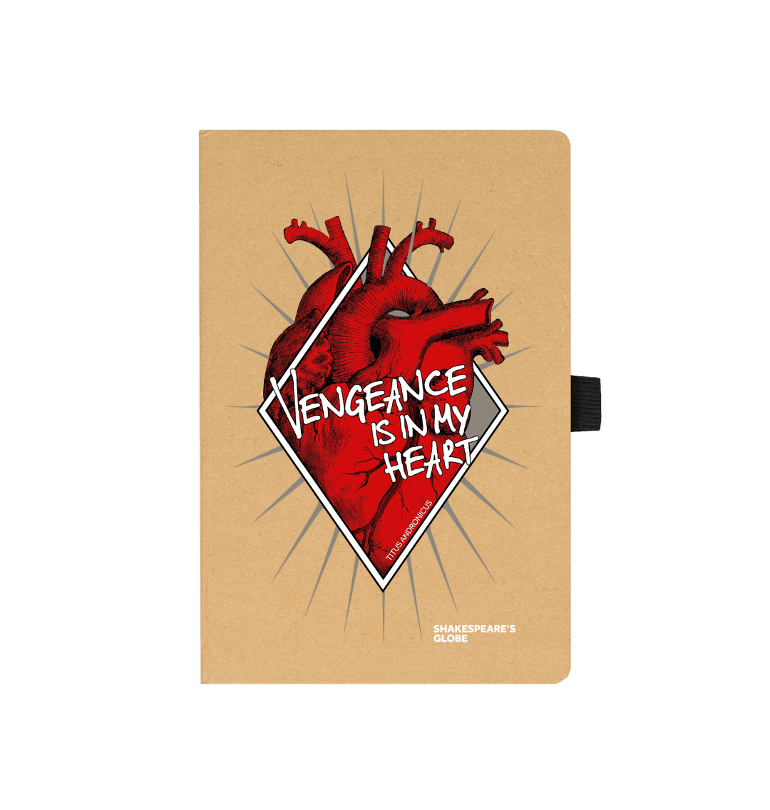 Kraft notebook with red anatomical heart graphic on front, covered in white text, black elastic closure on the side