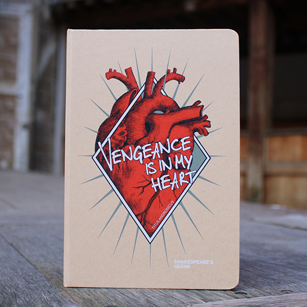 Kraft notebook with red anatomical heart graphic on front, covered in white text