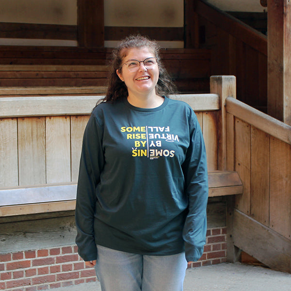 Denim blue long sleeve t-shirt with a text chest print in cream and yellow