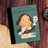 Book titled 'William Shakespeare' from the 'Little People, BIG DREAMS' series on a wooden surface.