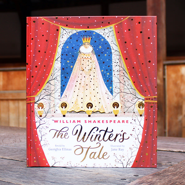 Book cover of 'The Winter's Tale' by William Shakespeare with a decorative design on a wooden surface.