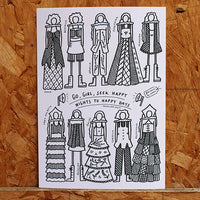 Hand-drawn black and white illustration print featuring Shakespeare's heroines including Juliet, Viola, Ophelia, Cleopatra and Rosalind, with the quote "Go, girl, seek happy nights to happy days".