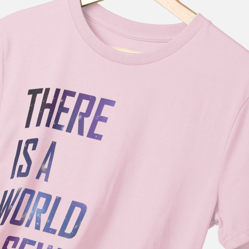 
                  
                    Pink standard fit t-shirt with celestial graphic text print across the centre front
                  
                