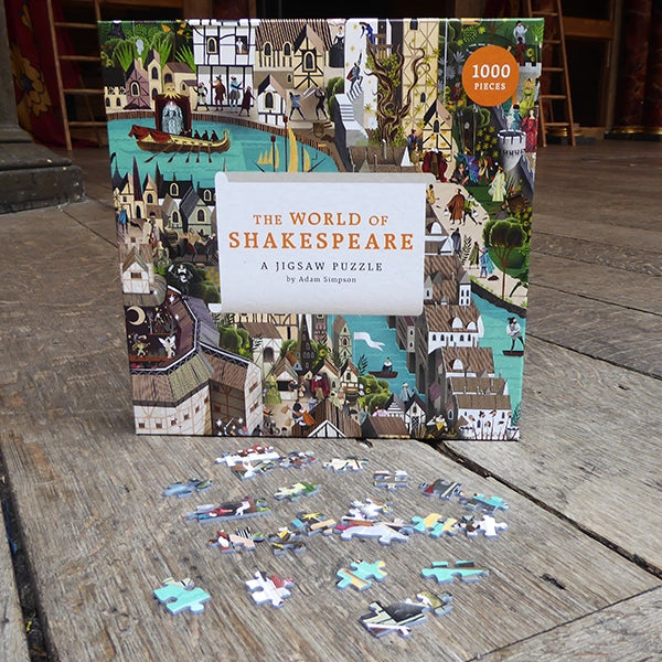 Square puzzle box with graphic depiction of Shakespearean London and orange text