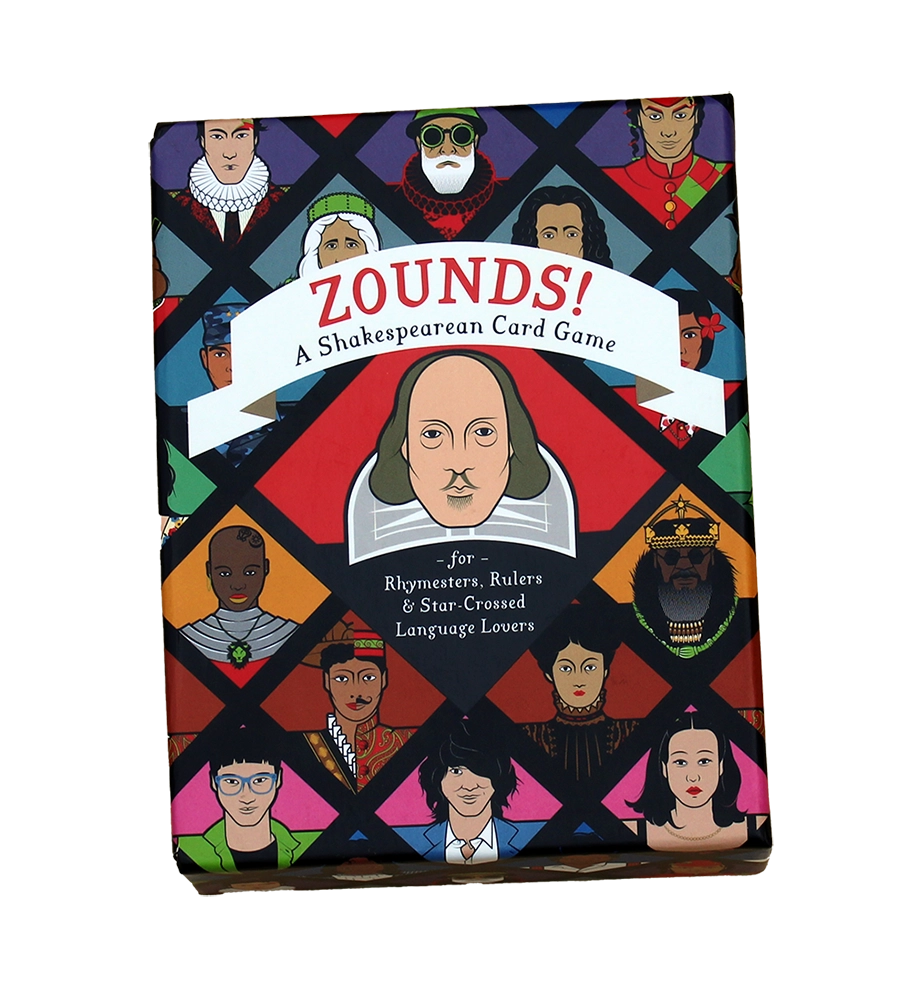 
                      
                        Colourful box containing 'Zounds!' a card game about Shakespearean characters
                      
                    