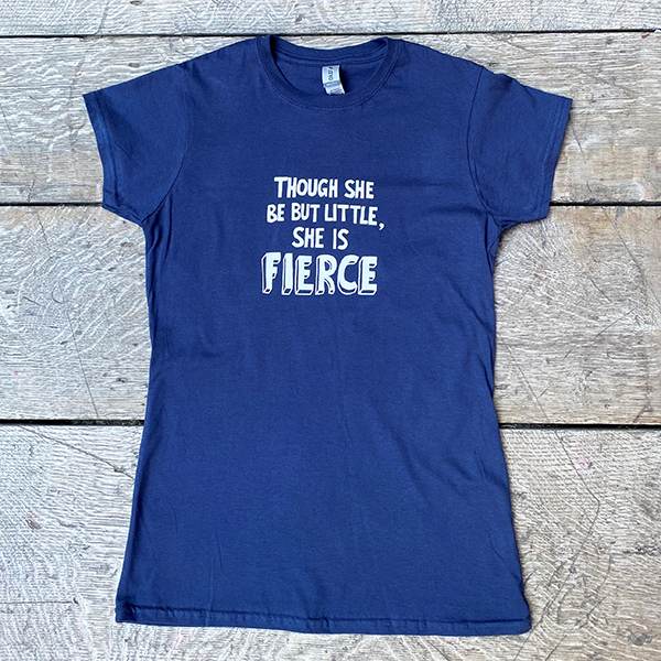 Navy blue cotton short sleeve t-shirt with white graphic text in centre