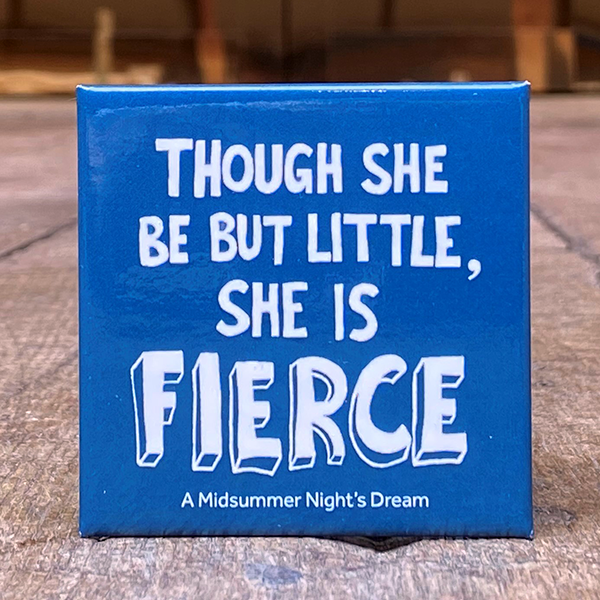Blue square magnet with white graphic text 'Fierce'