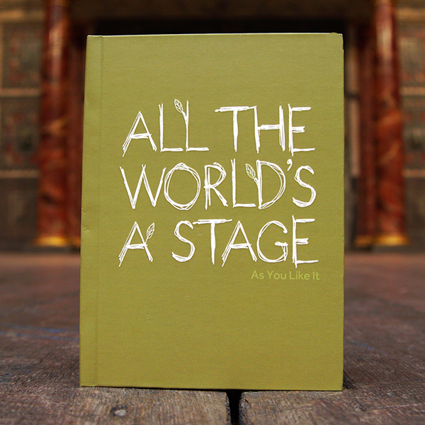 
                      
                        Sage green hardback journal with a quote from Shakespeare play, As You Like It (All the world's a stage) printed in white on the cover. The lettering is hand-drawn in a scribble style and has small lime green leaves growing out of it.
                      
                    