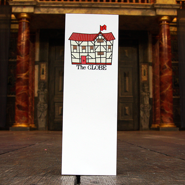 Large card bookmark (white) printed with a friendly cartoon image of the Globe Theatre. The Theatre has cream walls and a red roof and door