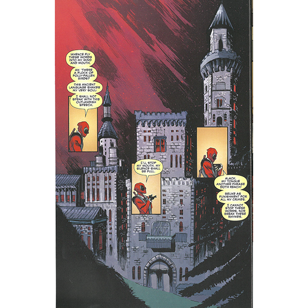 Inside page of a graphic novel featuring the character Deadpool in a grey castle
