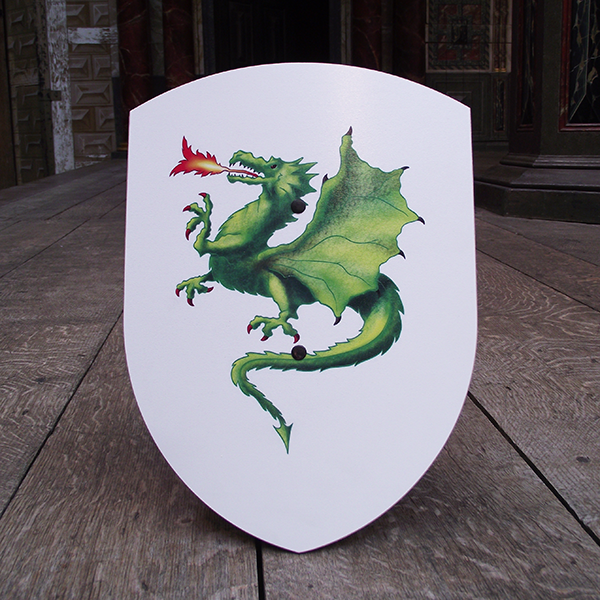Toy shield made of beech wood. The shield is white and printed with a detailed green dragon breathing fire.