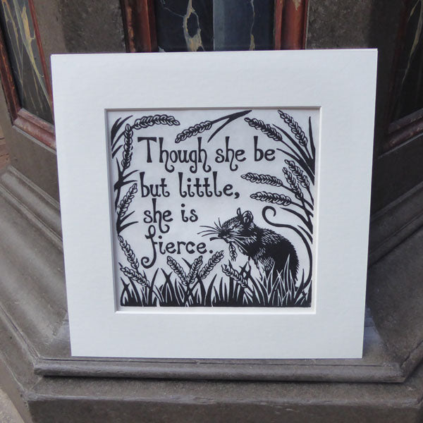 Hand-printed image in black on white Japanese paper. A field mouse in a corn field with a quote from Shakespeare play, A Midsummer Night's Dream, 