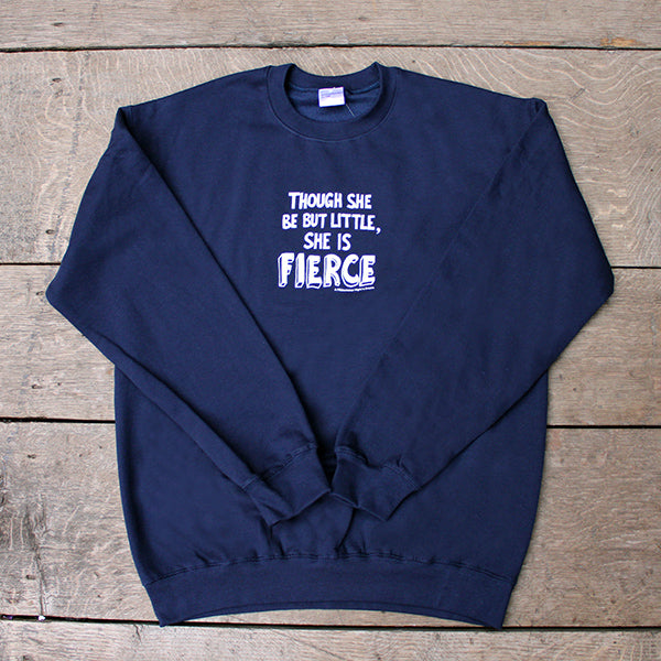 Navy blue cotton blend sweatshirt with white text quote in centre front.