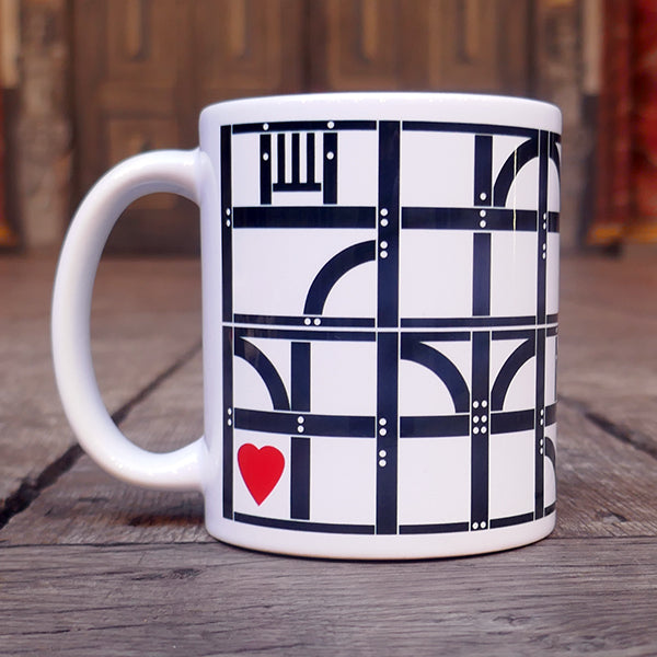 White earthenware mug with a design based on the wooden frame of the Globe Theatre. Each frame is printed in black and two of the frames have a red hear