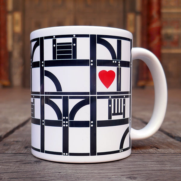 White earthenware mug with a design based on the wooden frame of the Globe Theatre. Each frame is printed in black and two of the frames have a red hear