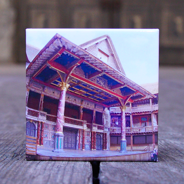 White square magnet with wooden main stage of Globe theatre