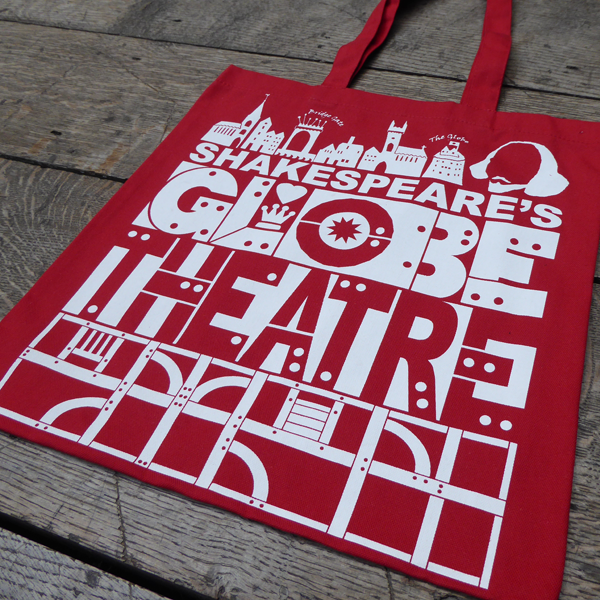 Red cotton bag with a bold, graphic print in white featuring title and details from Shakespeare's Globe theatre