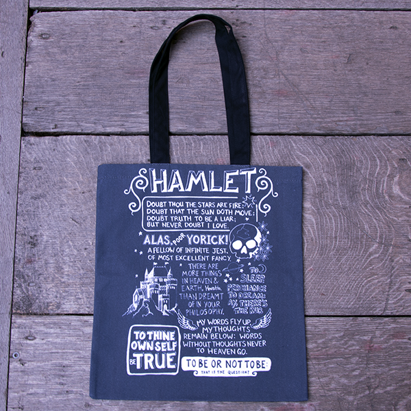Mid-grey cotton bag with black mid-length handles, printed in white with a selection of well-known quotes from Shakespeare play, Hamlet. The design is hand-drawn and has the name of the play at the top.