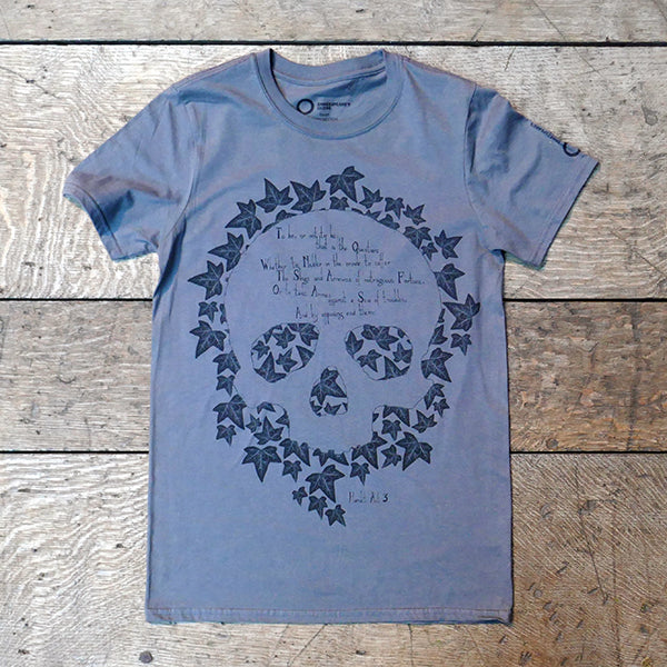 Grey cotton t-shirt with leafy skull design and Hamlet quote across centre front
