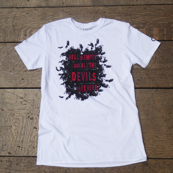 White cotton round-necked t-shirt with a print of a cloud of black bats on the chest. The bats surround a quote from Shakespeare play, The Tempest (Hell is empty and all the devils are here) which is printed in bold capital san serif letters in dark and bright reds. The Shakespeare's Globe logo is printed in black on the sleeve.