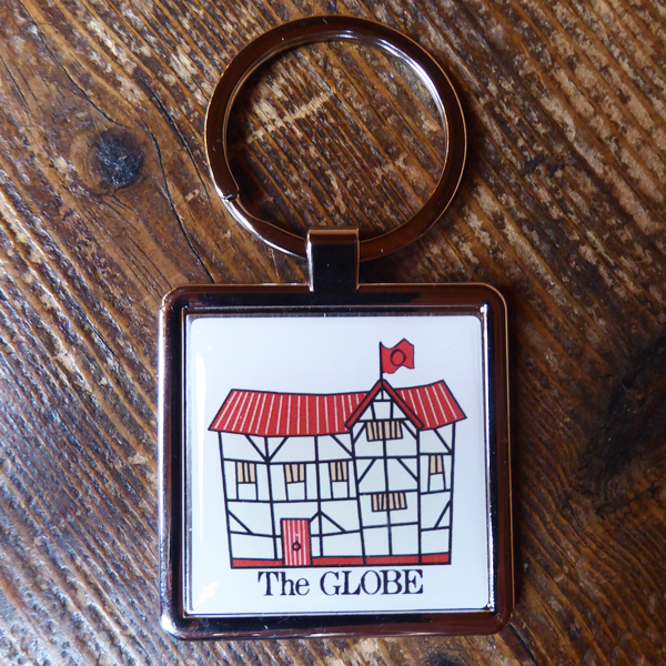Chunky metal keyring with a friendly illustration of Shakespeare's Globe theatre