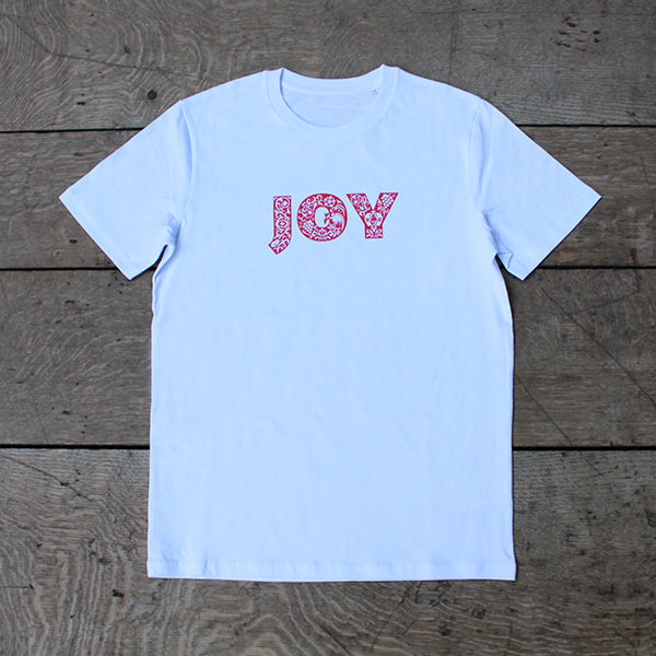 Plain white unisex tshirt with bold red text across the chest depicting JOY