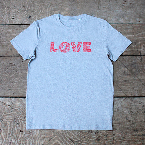 Grey heathered unisex tshirt with bold red graphic text across chest depicting LOVE